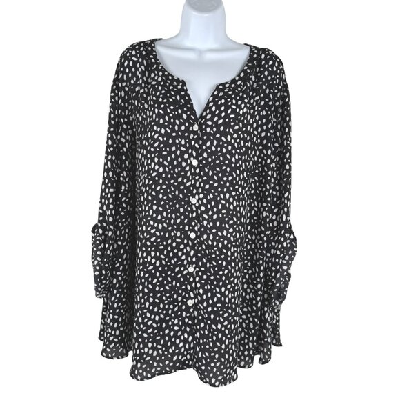 Catherines Top Shirt Blouse 3X Button Front Black White Print Tab Sleeve TP-3613 - Picture 3 of 10